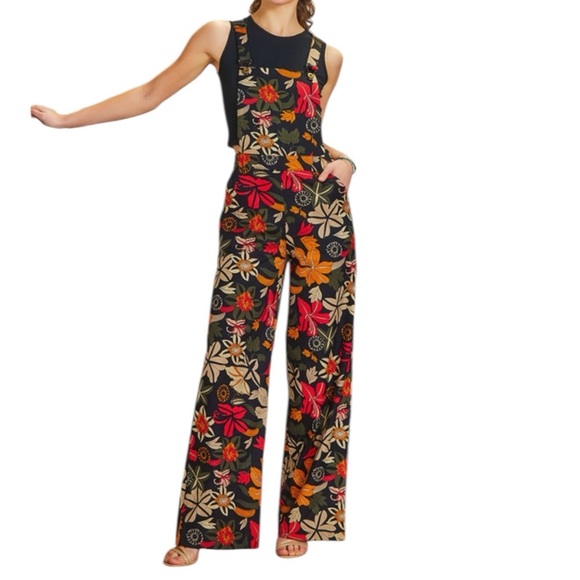 Los Banditos Floral Print Boho Disco Wide Leg Jumpsuit Overalls Romper - Picture 1 of 12